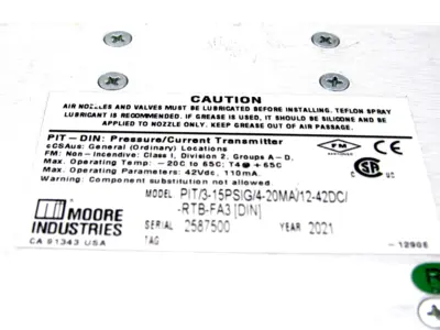 NEW MOORE INDUSTRIES PIT/3-15PSIG/4-20MA/12-42DC-RTB-FA3 TRANSMITTER