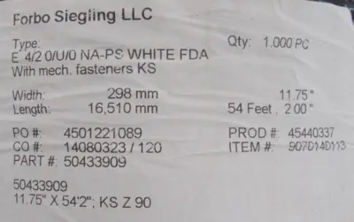NEW FORBO SIEGLING 50433909 CONVEYOR BELT E4/20/U/0NAPS WHITE W=11.75" L=54' 2"