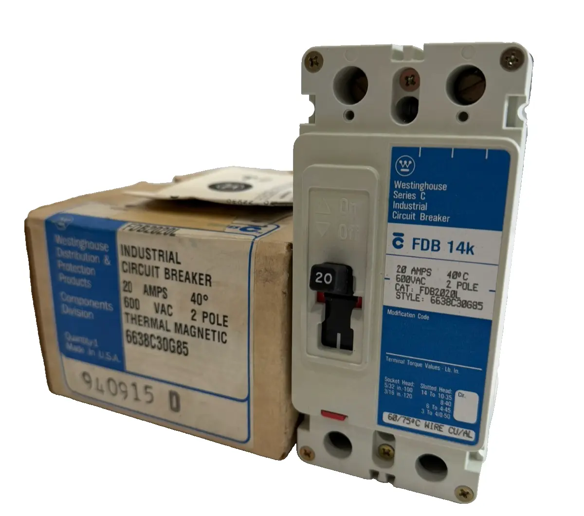 NEW WESTINGHOUSE FDB2020L CIRCUIT BREAKER FDB14K SERIES C 20 AMP 2 POLE 600V