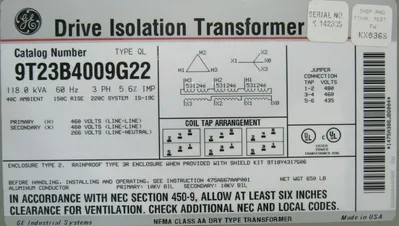 NEW GENERAL ELECTRIC 9T23B4009G22 TRANSFORMER 460V 118.0 KVA 3 PHASE 60HZ
