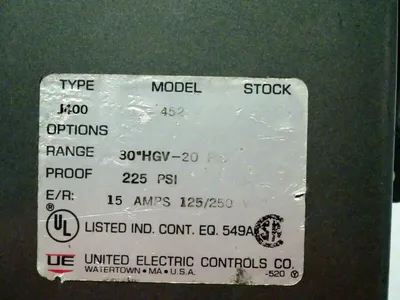 USED UNITED ELECTRIC J400-452 PRESSURE SWITCH J400452