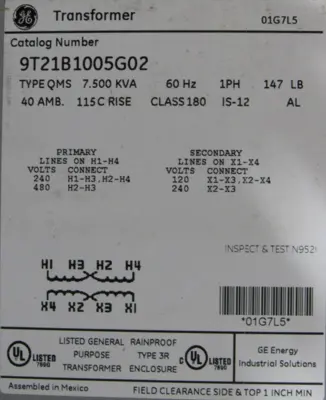 NEW GE 9T21B1005G02 TRANSFORMER 240X480V 120/240V