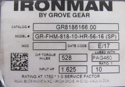 NEW GROVE GEAR GR8186166.00 GEAR REDUCER GR-FHM-818-10-HR-56-16 10:1