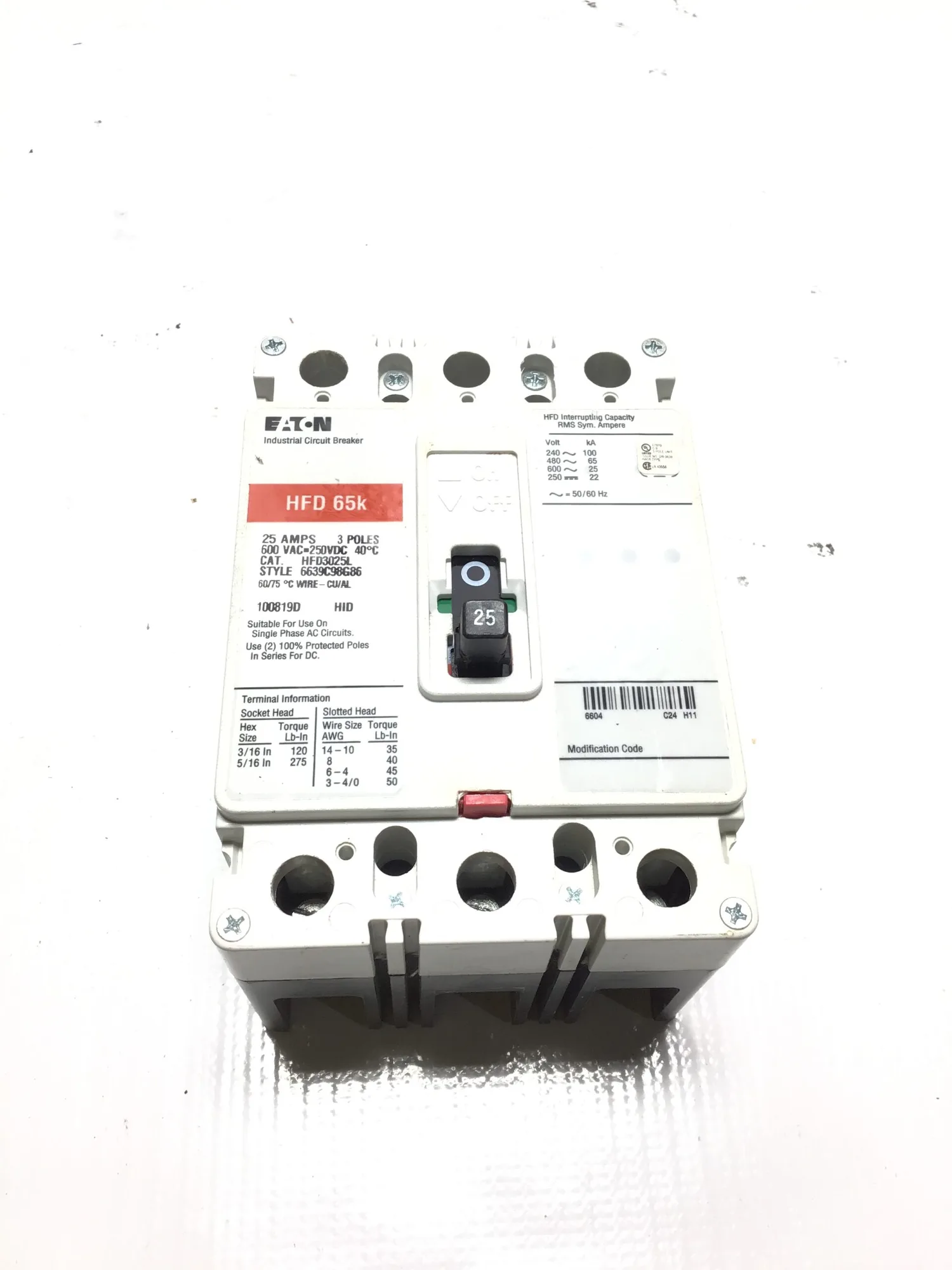 Eaton Cutler Hammer HFD3025L Industrial Circuit Breaker Series C 3 Pole 25 Amps