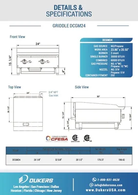 New | in-Stock Dukers New Dukers DCGM24 24 in. W Flat Top Griddle with 2 Burners Commercial Flat Top Griddles Illinois US | Falcon Restaurant Supply #1376255