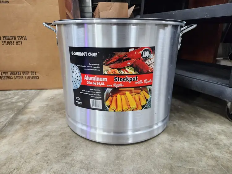 New | in-Stock Isaac Peoria New 100 Qt. Heavy Weight Aluminum Stock Pot with lid and preferred rack C IP Pans Illinois US | Falcon Restaurant Supply #1376741