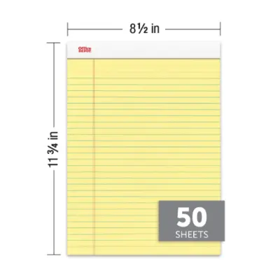 Office Depot Writing Pads, 8 1/2" x 11 3/4", 50 Sheets, Canary, Pack Of 12