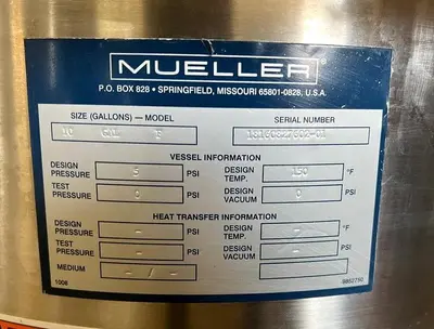 Used Mueller 10 Gallon Tank (Vessel), 316 Stainless Steel
