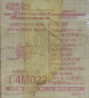 NEW DAYTON 4M022 BLOWER/FAN MOTOR 6"x1/2" 1075RPM 230V 1/5HP
