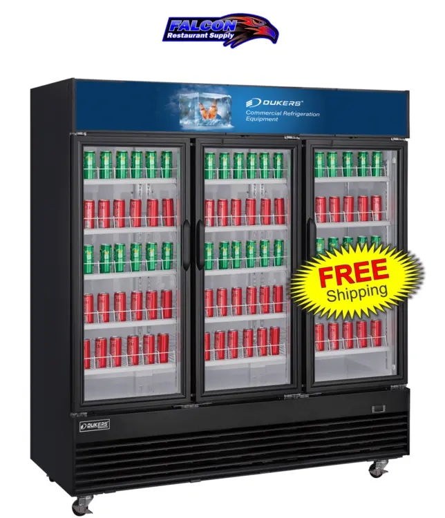 New | in-Stock Dukers New Dukers DSM-69R Commercial Glass Swing 3-Door Merchandising Reach-in Cooler Refrigerator Display Refrigerators Illinois US | Falcon Restaurant Supply #1376358