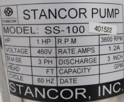 NEW STANCOR SS-100 PUMP 1HP 460V SS100