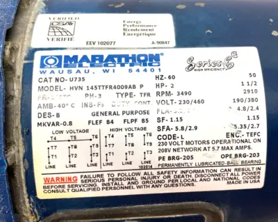 Used Marathon Electric Series E Inverter Duty Motor 145TC Frame 3490 Rpm 2HP A.C. Motors Michigan US | Maverick Industrial Sales #1397274