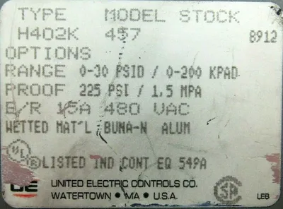 NEW UNITED ELECTRIC H402K-457 PRESSURE SWITCH H402K457