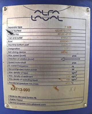 Alfa-Laval P-626 lube oil purifier, 316SS.