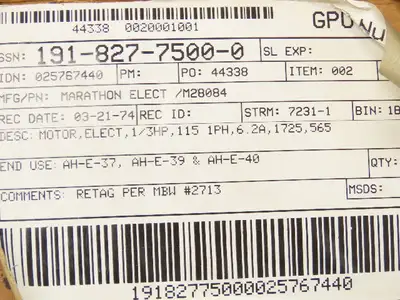Marathon Electric M28084 AC Motor 1/3Hp 1725rpm 115V 1PH Single Phase 56-5 Frame