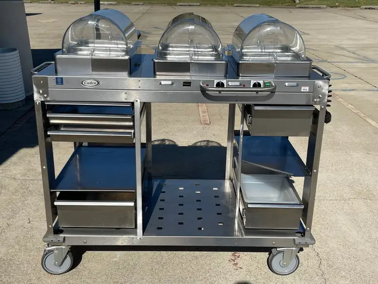 Used Cadco Used Cadco - CBCHC - Stainless Steel Mobile 2 Hot 1 Cold Buffet Serving Cart 120V Restaurant Equipment (Miscellaneous) Illinois US | Falcon Restaurant Supply #1375892