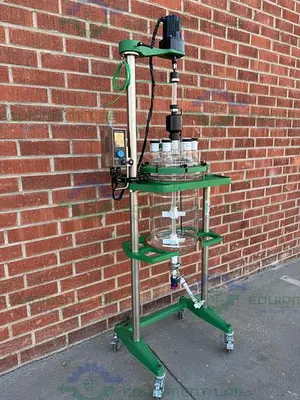 USED CHEMGLASS 30 LITER GLASS REACTOR W/ CHEMGLASS OVERHEAD 1/4 HP STIRRER