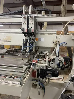 KOCH SBD-B DOUBLE-END FEED-THROUGH TRIM, BORE, GLUE, & DOWEL MACHINE