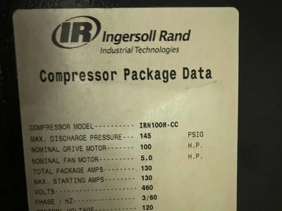 Used 2009 INGERSOLL RAND IRN100H-CC Rotary Screw & Sliding Vane Air Compressors Massachusetts US | ARC Equipment Corp #1281425