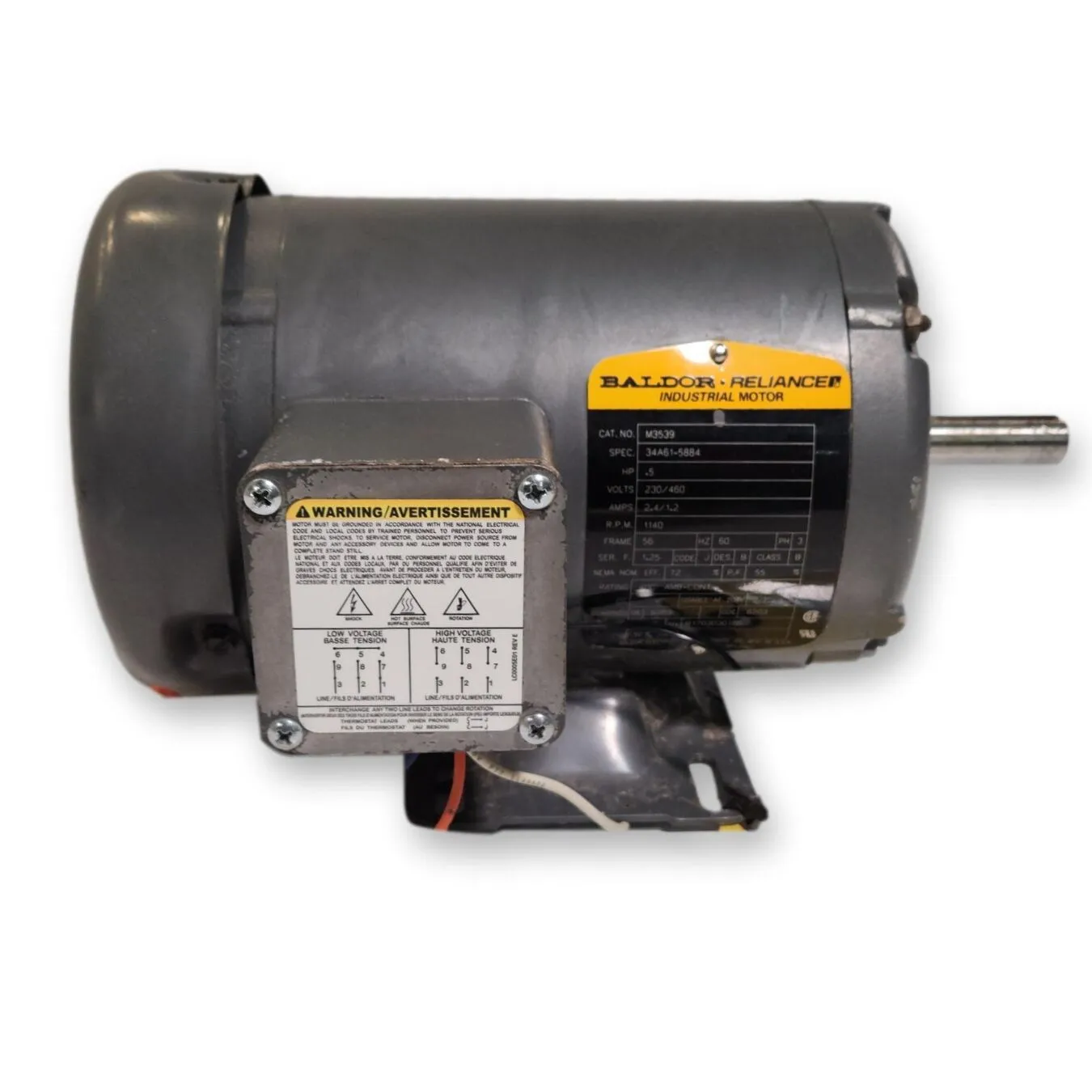 Used 1/2HP Industrial Electric TEFC Motor 1140RPM, 56 Frame, 3 Phase