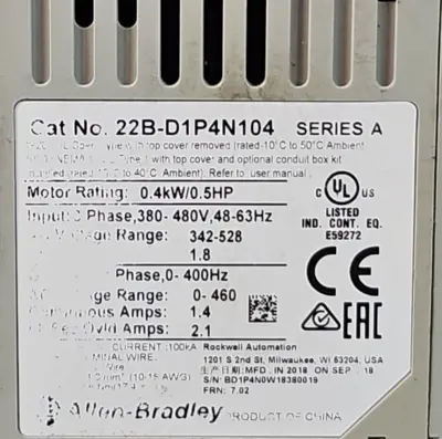 Allen Bradley 22B-D1P4N104 Ser A Powerflex 40 3 Phase Drive (BIN544)