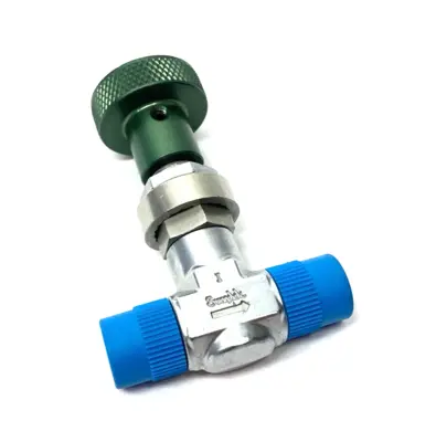 USED SWAGELOK CHROME-PLATED BRASS METERING VALVE, GREEN KNOB, KNURLED