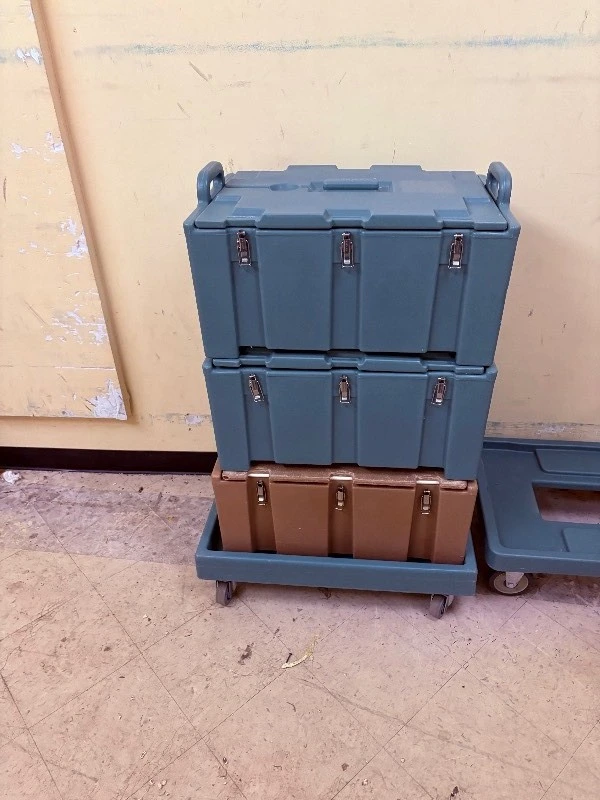 3 stackable hot boxes with wheel cart.