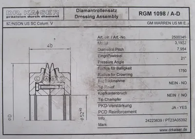 USED DR. KASER RGM1098/A-D DRESSING WHEEL 2500345 RGM1098AD