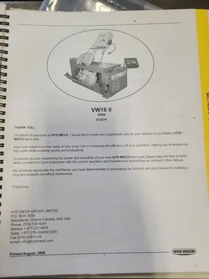 Used 2008 HYD-MECH VW-18 Vertical Band Saws Illinois US | Myers Technology Co., LLC #1425924