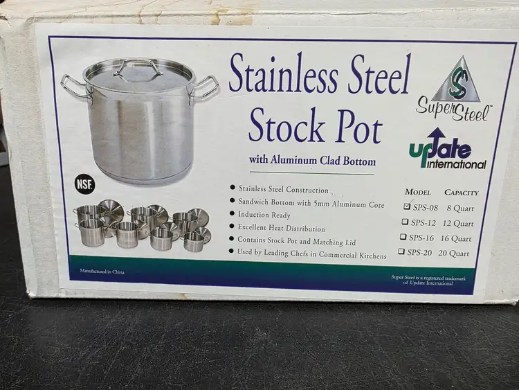 New | in-Stock Super Steel Unused Super Steel SPS-08 Stainless Steel 8 Qt Stock Pot w/Cover - TH3 Pans Illinois US | Falcon Restaurant Supply #1373891