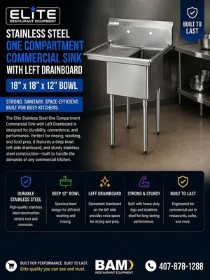 Elite Stainless Steel One Compartment Commercial Sink with Left Drainboard - 18" x 18" x 12" Bowl