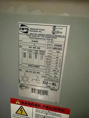 750 KVA HAMMOND POWER SOLUTIONS NMVK750SJC DRY TYPE TRANSFORMER 4160 - 460
