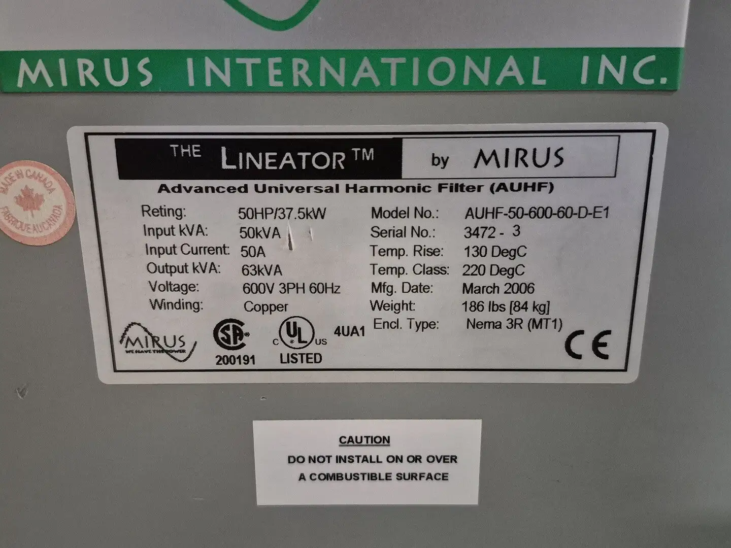 Used MIRUS AUHF-50-600-60-D-E1 Transformers British Columbia CA | Lenmark #327854