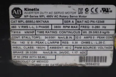 ALLEN BRADLEY AB KINETIX Rotary Servo Motor MPL-B580J-MJ74AA STOCK S-123