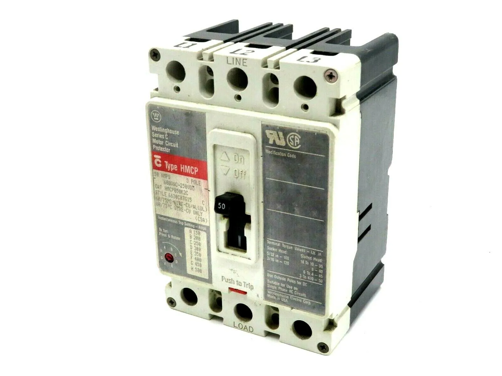 USED WESTINGHOUSE HMCP050K2C CIRCUIT BREAKER 50AMP 3 POLE 600VAC 250VDC