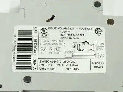 1489-D1C400 | Allen Bradley  Ser A Circuit Breaker 1-Pole 40A 125V - Used