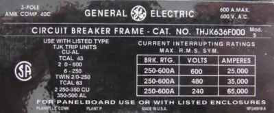 NEW GENERAL ELECTRIC THJK636F000 CIRCUIT BREAKER 600A