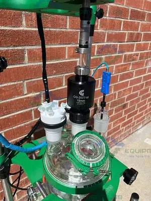 USED CHEMGLASS 10 LITER JACKETED GLASS REACTOR W/ CHEMGLASS DIGITAL OVERHEAD STIRRER