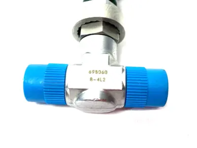 USED SWAGELOK CHROME-PLATED BRASS METERING VALVE, GREEN KNOB, KNURLED