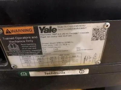 12,000 LB. YALE MDL GLC120VX LH92"/RH185" WITH 72" CASCADE PAPER ROLL CLAMP 2019