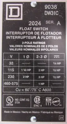 NEW SQUARE D 9036DW31C FLOAT SWITCH