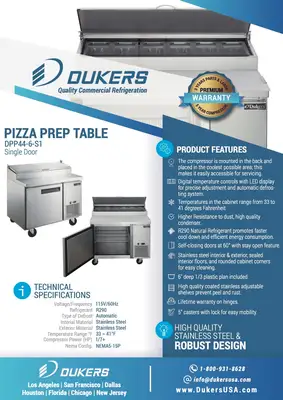 New | in-Stock Dukers New Dukers DPP44-6-S1 Commercial Single Door Pizza Prep Table Refrigerated Food Prep Tables Illinois US | Falcon Restaurant Supply #1376293