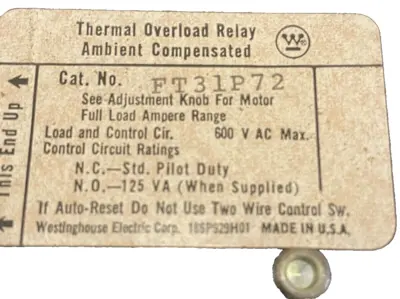 NEW WESTINGHOUSE FT31P72 OVERLOAD RELAY