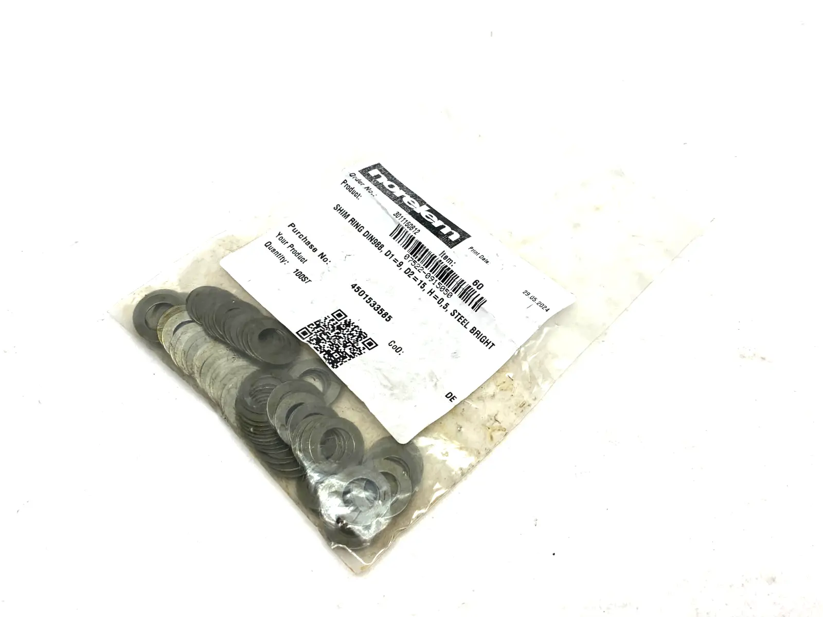 NEW NORELEM SHIM RING D1=9, D2=15, H=0,5, PKG OF 100