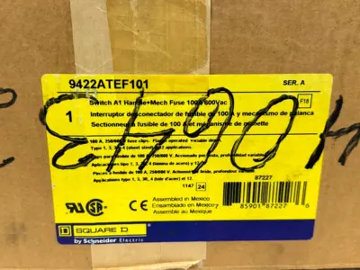 NEW SQUARE D 9422ATEF101 FUSIBLE DISCONNECT SWITCH 100A 600VAC (INCOMPLETE)