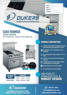 New | in-Stock Dukers New Dukers DCR36-2B24GM 36" Gas Range with Two (2) Open Burners & 24" Flat Top Griddle Commercial Ranges Illinois US | Falcon Restaurant Supply #1376281