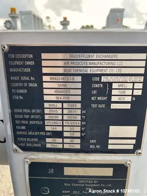 Used Wuxi Chemical Equipment 333 Sq Ft Shell & Tube Heat Exchanger, Duplex 2205, 2023