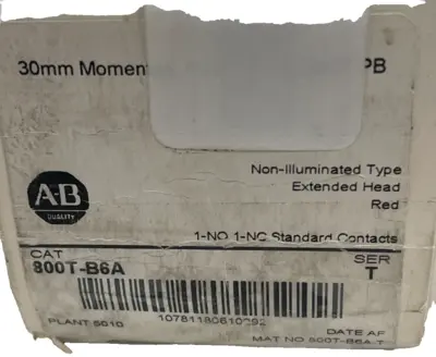 ALLEN BRADLEY 800T-B6A PUSH BUTTON SER. T 800TB6A NEW, SURPLUS
