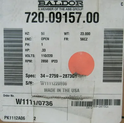 NEW BALDOR 34-2759-2873G1 MOTOR .33HP 110/220V 2850 RPM 56CZ 720.09157.00