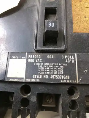 Westinghouse FB3090 90A 3 Pole Circuit Breaker 600VAC